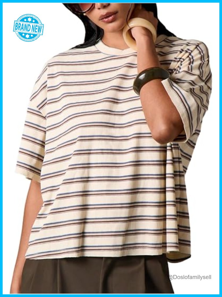 Striped Ribbed Knit Oversized Tee Drop Shoulder Short Sleeve Crew Neck Summer